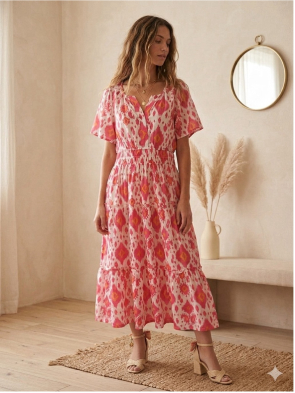 Briton Court Pink Ikat Cotton Tiered Maxi Dress Boho Gold Lurex Shimmer Large